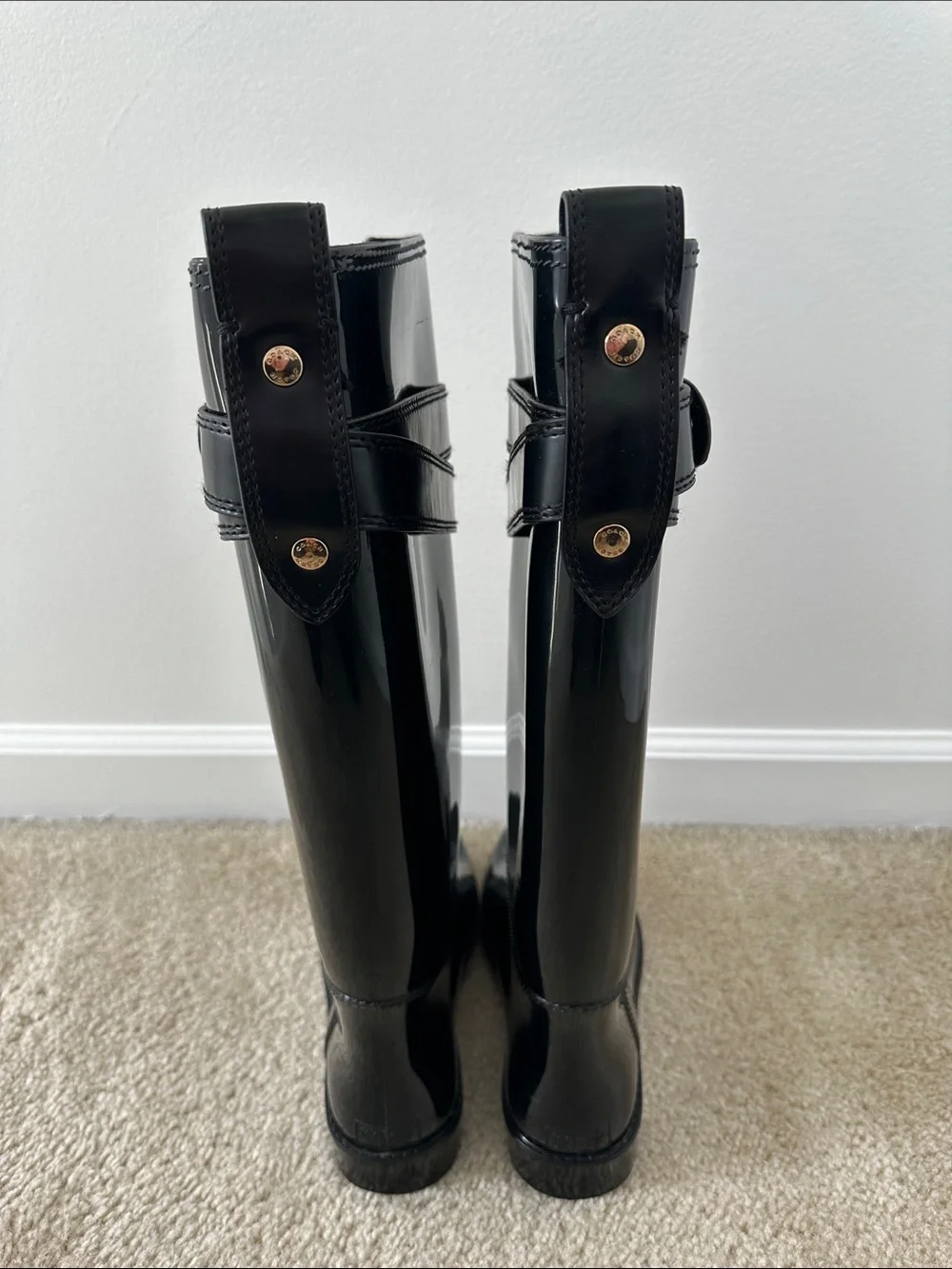 Coach Patent Black Knee-High Rain Boots with Gold Accent